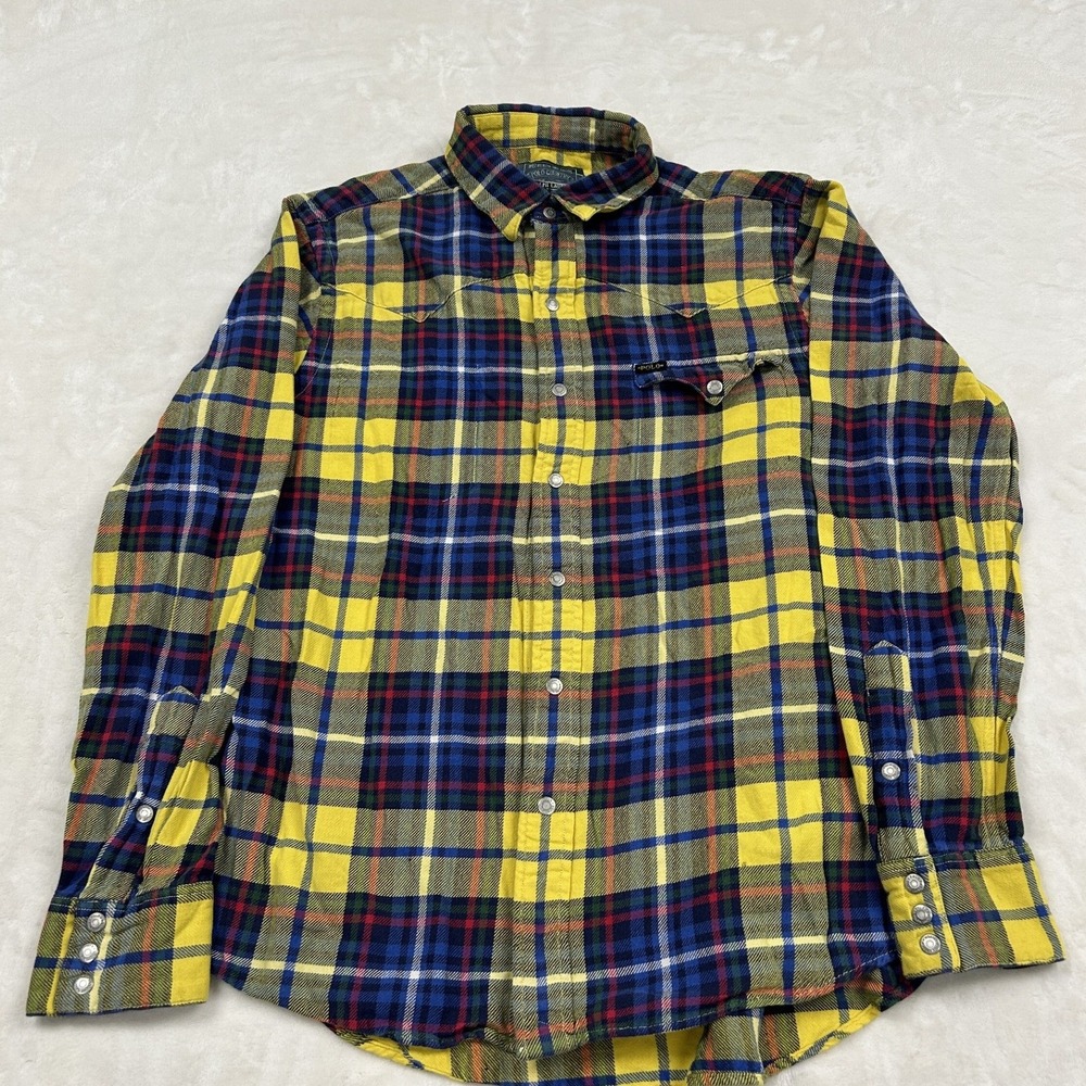 Polo Country Ralph Lauren Western Shirt Mens Medium Yellow Blue Plaid Snap Front